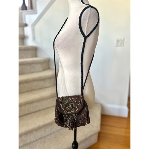 Vintage Marco Avane Brown Tapestry Beaded Pouch Fringe Crossbody - Picture 1 of 7
